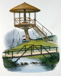 ブルゴーニュ、ラ・モット公園の小屋と田舎風の橋、1895年頃、パリで出版された「Habitations Champetres」のイラスト（クロモリト）