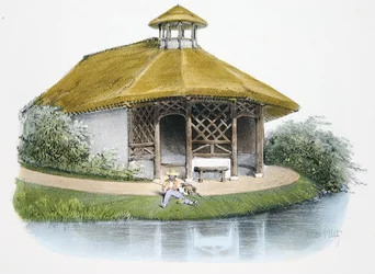 1895年頃、パリで出版された「Habitations Champetres」の挿絵にある素朴なパビリオン（クロモリト）