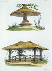 &39;Habitations Champetres&39;の素朴なベンチが1855年頃に出版されました（クロモリソグラフ）