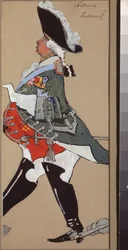 ジャック・オッフェンバック（1819-1880）によるオペラブーフ「ラ・ベル・エレーヌ」の男性準備衣装 - （オッフェンバッハによるオペレッタ・ラ・ベル・エレーヌの衣装デザイン） - ヴィクトル・アンドレイエヴィッチ・シモフ（1858-1935）の作品、ガッシュと紙にインク