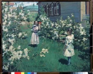""Fleurs de mai" (5 月の花) 春の花畑でボール遊びをする少女たち。 ヴィクトル・エルピディフォロヴィチ・ボリソフ・ムサートフ（1870-1905）による絵画1894年国立トレチャコフ美術館、モスクワ