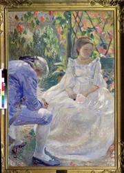 「秋の旋律」（秋の旋律）。 花を手にした男女の勇壮な情景。 彼らは 18 世紀のファッションに身を包み、悲しそうに見えます (別れ?)。 Viktor（Victor）Elpidiforovich Borisovによる絵画