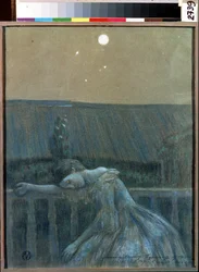 ""The Sorrow"" (悲しみ) 手すりにもたれかかって必死になっている少女。 Viktor (Victor) Elpidiforovich Borisov-Musatov (Borisov Musatov) (1870-1905) (symbolism) による水彩画とパステル画 1903 セルプホフ国立歴史美術館 (セルプホフ)。