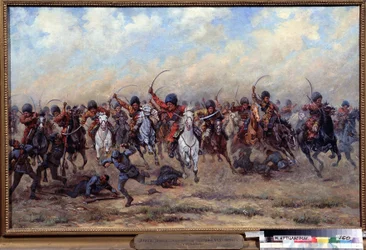 オーストリア歩兵に対する野蛮師団の攻撃。 第一次世界大戦のエピソード (1914-1918): ロシア軍の攻撃、前線での兵士の虐殺、戦争の残虐行為