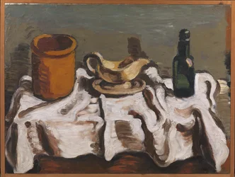 瓶、ソースボート、ボトルのある静物