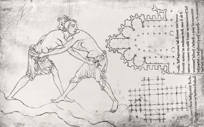 Ms.Fr.19093 fol.14v 2人のレスラー、シトー会教会の計画、ノートルダムドカンブレ合唱団の計画（ファクシミリコピー）