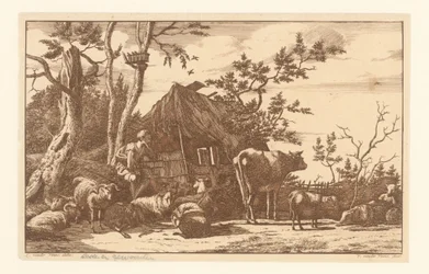 老朽化した納屋の前で牛と一緒に座っている羊飼い