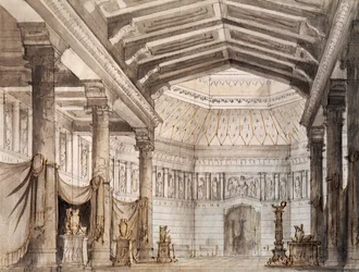 Set design by Francesco Bagnara for second scene of Norma, opera by Vincenzo Bellini (1801-1835), performed at La Fenice Theatre in Venice   1462275   ja       japanese Successfully Translated  Original: Lustre, held by a Groom Translat: Lustre, held by a 