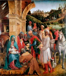 マギの崇拝 ヴィンチェンツォ・フォッパ（1427年頃～1515年頃）の絵画 日。239x210 cm ロンドン、ナショナル・ギャラリー - ヴィンチェンツォ・フォッパ（c.1427-c.1515）による「王の崇拝」。ポプラ材に油彩、239x210cm、1500年頃。ナショナル・ギャラリー、ロンドン、イギリス