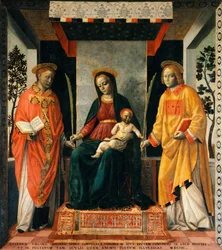聖ファウスティヌスと聖ジョヴィータの間にいる聖母子 ヴィンチェンツォ・フォッパ（1427年頃～1515年頃）作 テンペラ／カンヴァス 205x226cm
