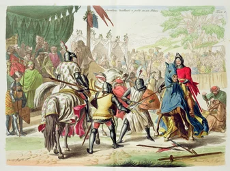トーナメントで徒歩で決闘する騎士、G。ラゴが刻印した「The History of the Nations」のプレート1