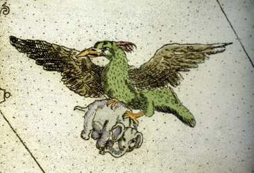 巨鳥ロクが象を子孫に与えるために温室の間に運ぶ、ヴィンチェンツォ・コロネッリ（1650-1718）作の世界地図の細部。17世紀