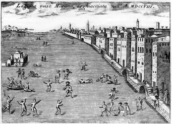イタリア・ヴェネツィア1708年、Vincenzo Coronelli（1650-1718）の「Singolarita di Venezia」に描かれた村野の氷に向かうルグネ。
