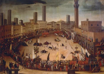 1546年のカンポ広場での牡牛狩り（1585年頃）ヴィンチェンツォ・ルスティチ（1556-1632）の絵画、油彩・キャンバス