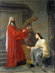 ハープを演奏するダビデとミコル王ダビデ。 ヴィルジニオ グラナ (ca. 1830-1888) による絵画 19 世紀の日曜日。 243x182 cm 遺伝子、Accademia Ligustica di Belle Arti、inv. 468