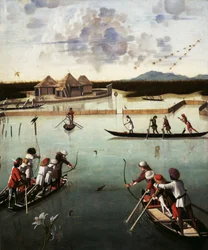 ラグーンでの狩猟、c.1490-5（パネルに油彩）