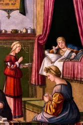 聖母の誕生、アルバネージ学校のサイクル、1502/03年頃、木に油彩