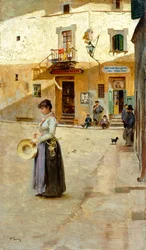 Em quadrado de Vittorio Matteo Corcos (1859-1933), óleo sobre painel, 23x13 cm, circa 1885