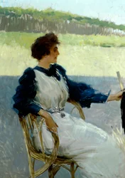 Vittorio Matteo Corcos（1859-1933）による屋外の女性の肖像画、キャンバスに油彩、92x64 cm、1910年頃