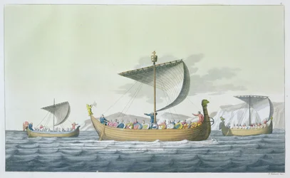 ウィリアム征服者の艦隊、1066年、ジュールズフェラーリオの「ルコスチュームアンシャンエモデルヌ」のプレート8、1820年代から30年代に出版