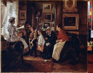au蓄音機。 （蓄音機で）。 Peinture de Vladimir Yegorovich Makovski (Makovsky, Makovskij) (1846-1920), huile sur toile