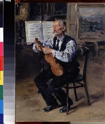 Luthier（ルシアー）。 職人がバイオリンを調律します。 Vladimir Yegorovich Makovsky（Makovsky、Makovskij）（1846-1920）による絵画、キャンバスに油彩