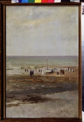 ビーチで（ビーチで）。 Vladimir Yegorovich Makovsky（Makovsky、Makovskij）（1846-1920）による絵画、キャンバスに油彩