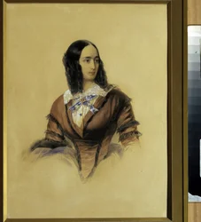 詩人アレクサンドル・プーシキン (1799-1837) の妻、ナタリー・ゴンチャロワ (1812-1863) の肖像。 （A.プーシキンの妻、ナタリア・プーシキナの肖像）。 ウラジミール・イワノビッチ・ハウ（ガウ）（1816-1895）の作品、段ボールに水彩