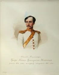 Ivan Grigoryevich von Nostitz 伯爵の肖像 (1824-1905) (Imperial Horse Guards のアルバムから) - ハウ (ガウ)、Vladimir Ivanovich (1816-1895) - 1846-1849 - 紙に水彩 - IRLI ロシア文学研究所 ( プーシキンの家)、サンクトペテルブルク