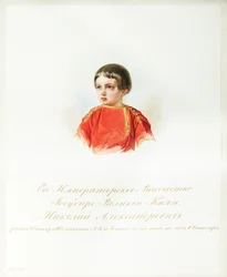 ロシアのツァレヴィッチ ニコラス アレクサンドロヴィッチの肖像 (1843-1865) (帝国騎兵隊のアルバムより) - ハウ (ガウ)、ウラジミール イヴァノヴィッチ (1816-1895) - 1846-1849 - 紙に水彩 - ロシア文学研究所 IRLI ( プーシキンの家）、サンピエトロ