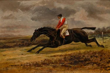 ブラッドフォードのレーシングカラーを着たジョッキーを乗せた疾走する馬、1839-98年頃（キャンバスに油彩）