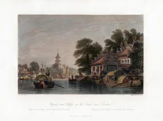 中国、カントン近くの運河沿いの塔と村、c1840。