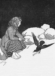 突然、大きなレイヴンが彼女の前で雪の上を跳んだ、c1930