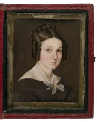 サリーアンゲージのミニチュアポートレート、1837年頃（象牙、革、銅合金、ガラスにトイレ）