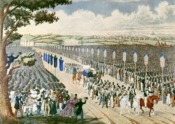 コペンハーゲンフィールズにおける労働組合員の集会、1834年（カラー彫刻）