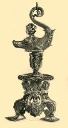 スフィンクスのような海の生き物の形をしたランプ（1510-1530年頃、1881年）。