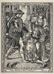 「ヴェローナの二人の紳士」の一場面。 シルビアが叫ぶと、バレンタインは怒って茂みから飛び出し、プロテウスの裏切りを呪います。