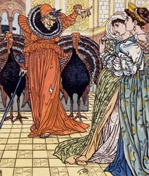 2羽のクジャクを伴う魔女の出現、ウォルター・クレイン（1845-1915年）の素描による版画