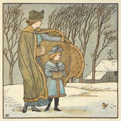 「北風とコマドリ」のカラーイラストです。 冬の風景の中に外に立つ少女と母親。