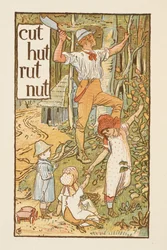 Rhyming words ending in the letter T. An illustration, showing a man cutting a tree. Three children are with him. The Golden primer.   1453982   ja       japanese Successfully Translated  Original: Manufacture of cutlery: cast ingot in a mold Translat: Man
