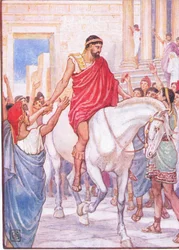 1930年代のギリシャの物語のイラストで、大勢が彼に大きな賞賛を送った