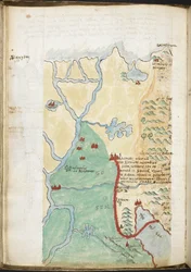 MS 57555、f.23v、北アフリカの地図、歴史的地名簿、図書館リストなどを含むノートから。 c.1606-08（紙に水彩）