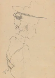 帽子をかぶった女性の頭と肩、失われた横顔、右（紙に黒鉛）