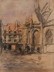 サント・カトリーヌ通りと古いアーケード、ディエップ、1900年頃（木炭・水彩画）