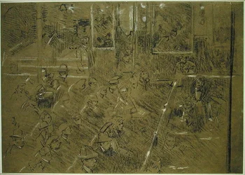 The Old Middlesex」の観客の習作 c.1906-07（茶色の紙に茶色と白のクレヨン、ペン、黒インク）。