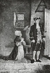エルズペスとグレナラン卿、アンティークのイラスト、ウォルター スコット (1771-1832) による歴史小説、彫刻