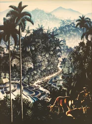 Paisagem do rio com pastor e vacas