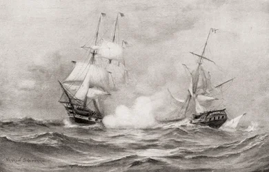1812年の戦争中、ノバスコシア州ハリファックスの南東約400マイルにあるUSSコンスティテューションとHMSゲリエールの間の戦闘は、1905年に発表された私たちの国の歴史からのものです。
