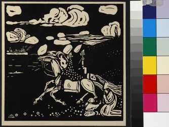 カンディンスキー（Wassily Vasilyevich, 1866-1944）の「騎士たち（Les Chevaliers）」。木版画
