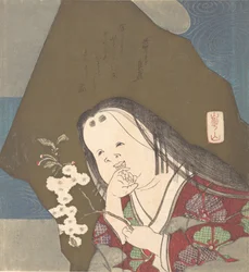 お多福が八重の白桜の枝を持っている様子 1840年頃